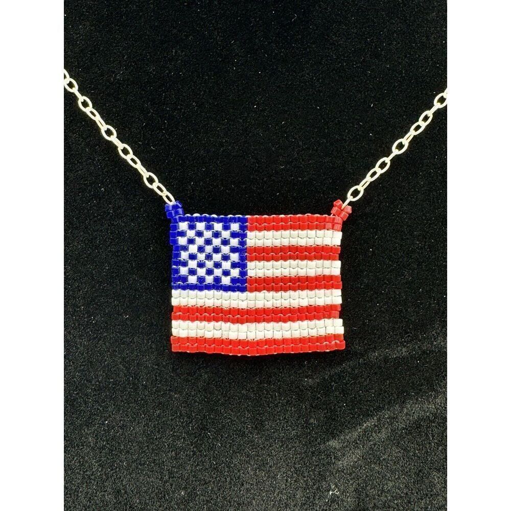Patriotic Sterling Silver Seed Bead American Flag Necklace Red White Blue 16” - Picture 2 of 9